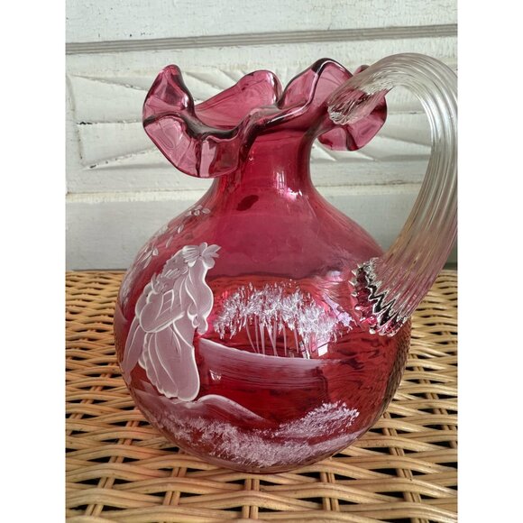 Vintage 90's Fenton Cranberry Ruffle Pitcher Mary Gregory Little Girl - Picture 5 of 11